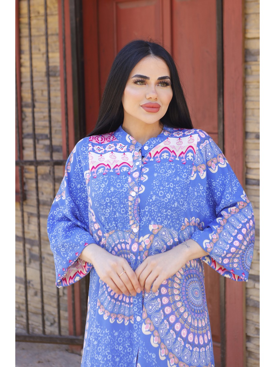 Gömlek Yaka Çok Renkli Etnik Desenli Elbise