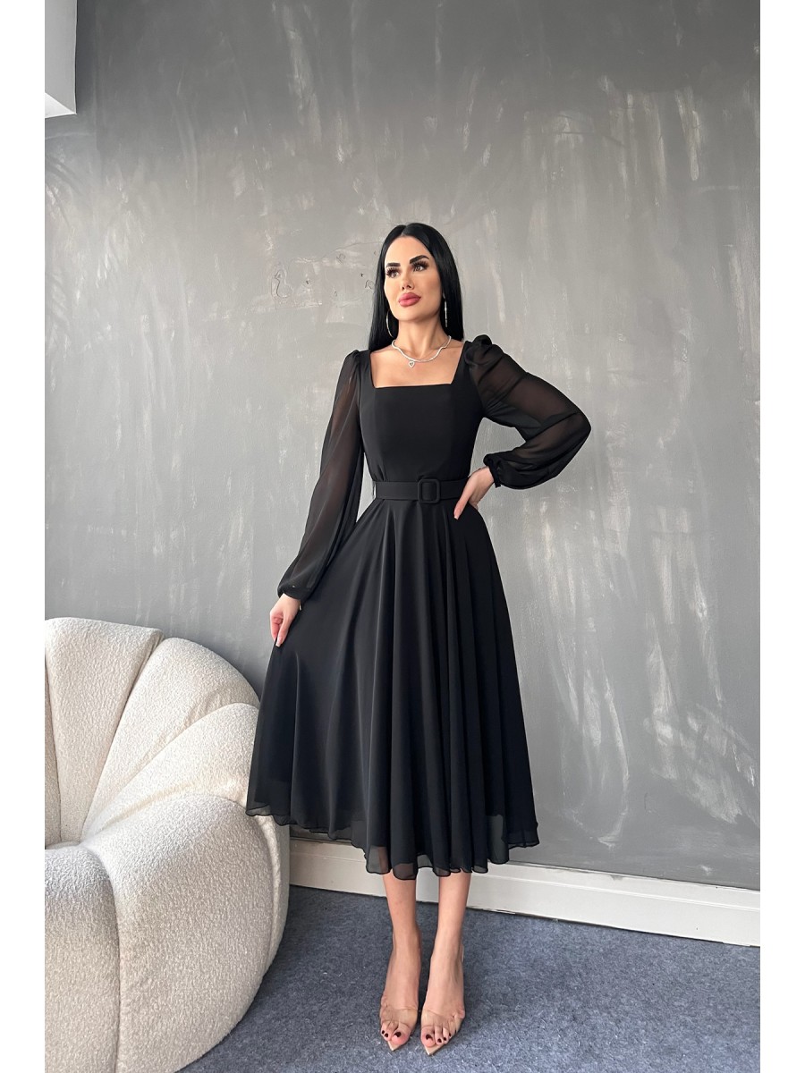 Kare Yaka Kemerli Siyah Renk Şifon Elbise