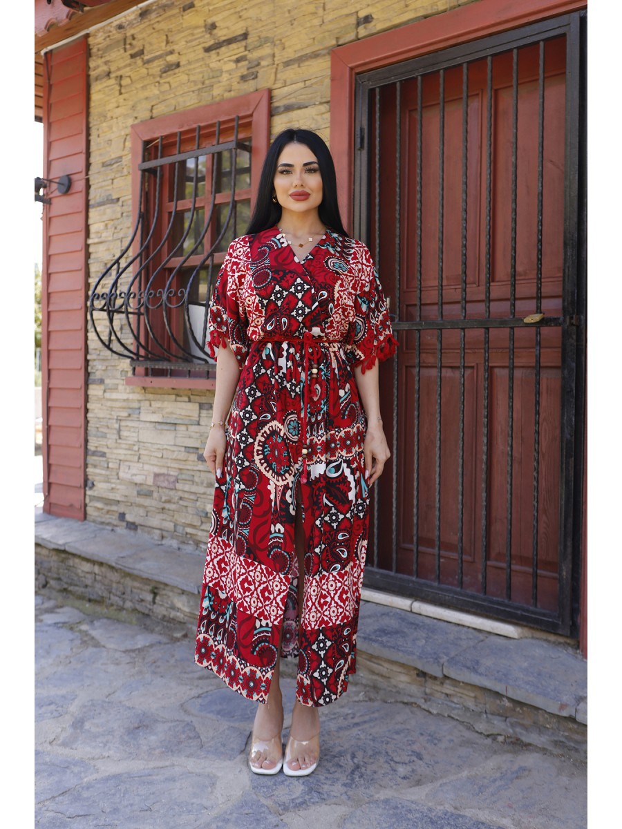 Kruvaze Yaka Yırtmaçlı Çok Renkli Etnik Desenli Elbise