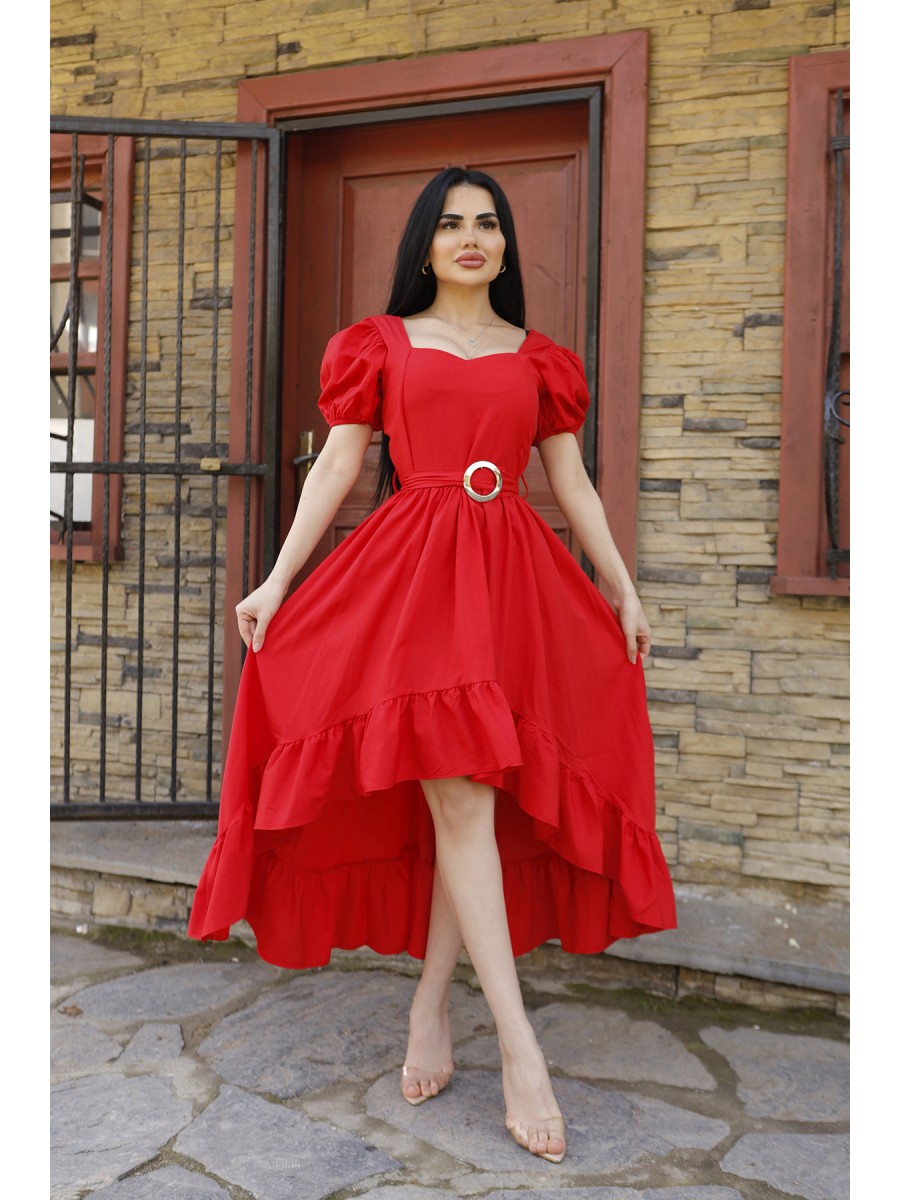 Karpuz Kol Etek Detaylı Kırmızı Kemerli Elbise