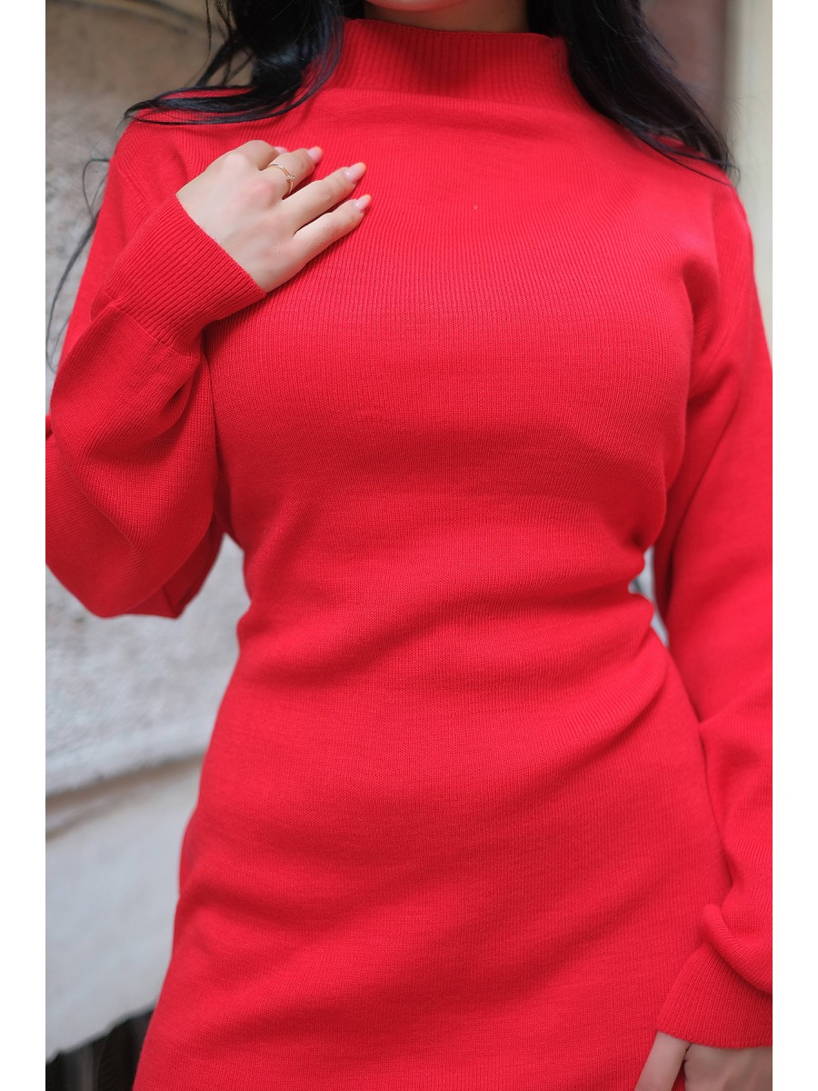 Kırmızı Yarım Boğazlı Triko Elbise