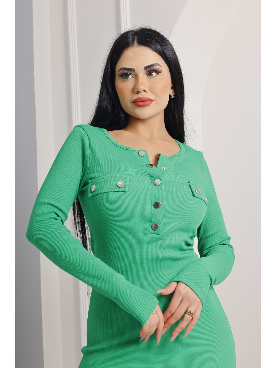 Su Yeşili Renk Önü Düğmeli V Yaka Triko Elbise