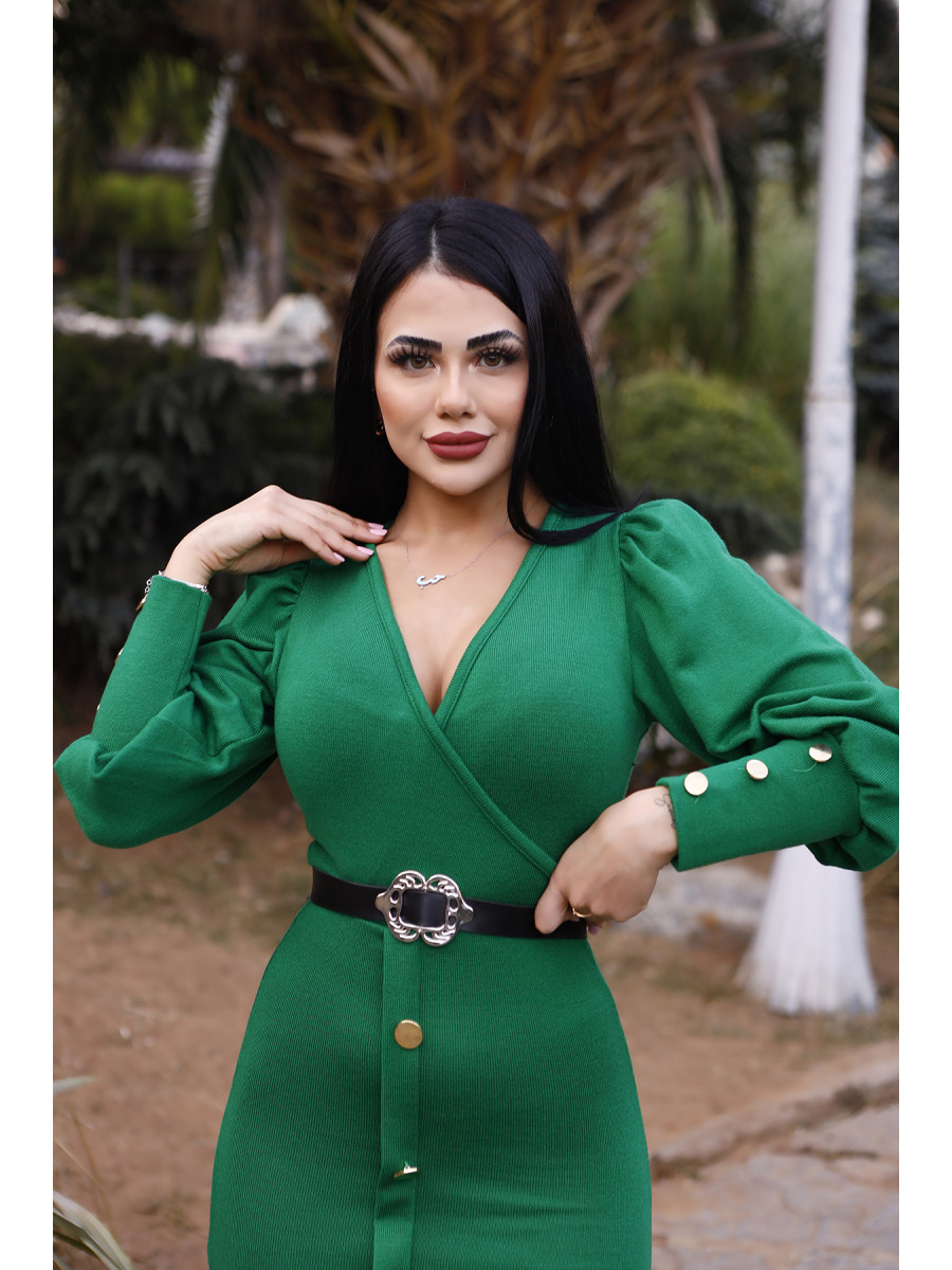 Yeşil Kruvaze Yaka Triko Elbise