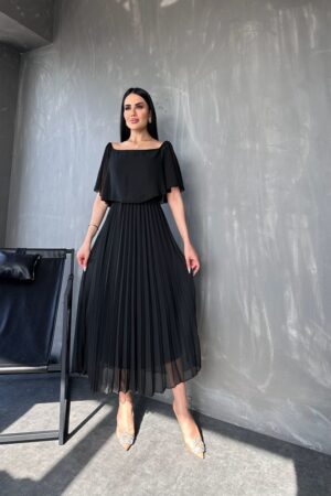 Kare Yaka Pileli Şifon Yazlık Elbise