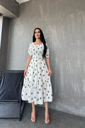 Kare Yaka Poplin Kumaş Çiçek Desenli Kemerli Yazlık Elbise