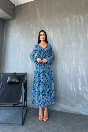 V Yaka Etnik Desenli Uzun Kol Astarlı Şifon Elbise