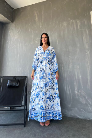 Kruvaze Yaka Viskon Kumaş Çiçek Desenli Yırtmaçlı Yazlık Elbise