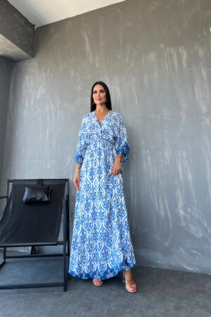 Kruvaze Yaka Viskon Kumaş Etnik Desenli Yırtmaçlı Yazlık Elbise