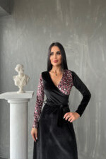 KURUVAZE YAKA TEK OMUZ DETAYLI KADİFE ELBİSE