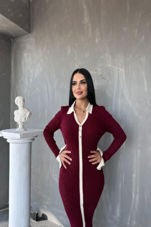 GÖMLEK YAKA KOL DETAYLI FİTİLLİ TRİKO ELBİSE STANDART BEDEN (S/M/L/XL) UYUMLUDUR