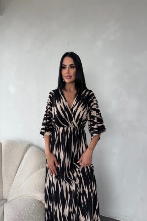 KRUVAZE YAKA BELDEN LASTİKLİ VİSKON ELBİSE