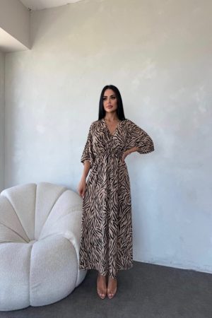 KRUVAZE YAKA BELDEN LASTİKLİ ELBİSE
