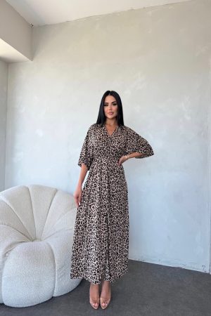KRUVAZE YAKA BELDEN LASTİKLİ ELBİSE