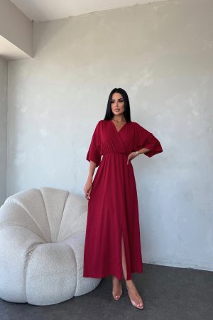 KRUVAZE YAKA BELDEN LASTİKLİ ELBİSE