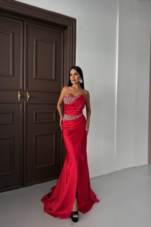 ELMAS İŞLEMELİ TASARIM ABİYE ELBİSE  KOD : 1541