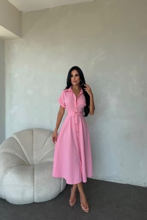 GÖMLEK YAKA KEMERLİ KETEN ELBİSE