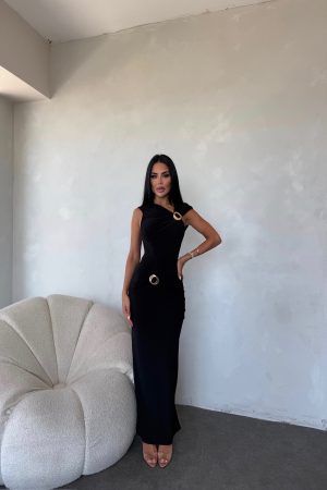 OMUZ VE BEL TOKALI SANDY ELBİSE   KOD 1001