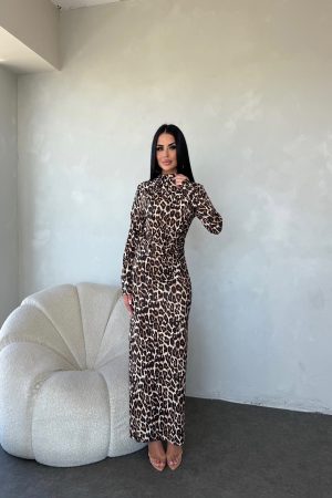 BİSİKLET YAKA DRAPELİ LEOPAR DESENLİ ELBİSE
