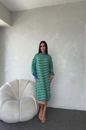 BİSİKLET YAKA ÇİZGİLİ TRİKO ELBİSE STANDART BEDEN (S/M/L/XL) UYUMLUDUR