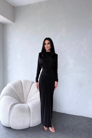 KAYIK YAKA ANVELOP ETEK DETAYLI SANDY ELBİSE