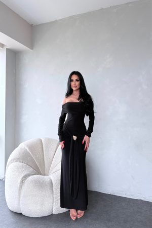 MADONNA YAKA KENDİNDEN  KUŞAKLI SANDY ELBİSE