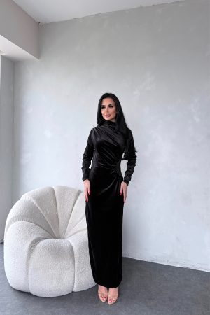 BALIKÇI YAKA BEL TAŞLI DRAPELİ KADİFE ELBİSE