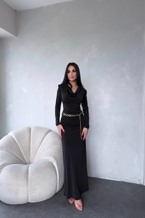 DEGAJE YAKA ZİNCİR KEMERLİ ELBİSE