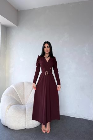 KRUVAZE YAKA PRENSES KOL DÜĞME DETAYLI ELBİSE