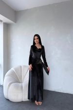 DEGAJE YAKA KEMERLİ KADİFE ELBİSE