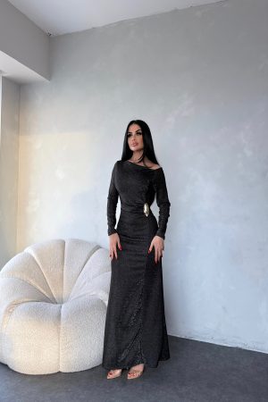 KAYIK YAKA BEL TOKALI TASARIM ELBİSE