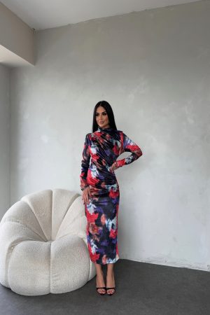 BALIKÇI YAKA DRAPELİ KADİFE ELBİSE