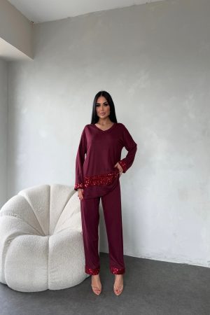 V YAKA PUL PAYET DETAYLI İKİLİ TAKIM