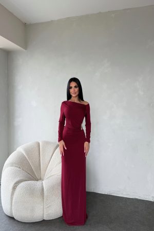 TEK OMUZ DETAYLI BEL  DRAPELİ SANDY ELBİSE