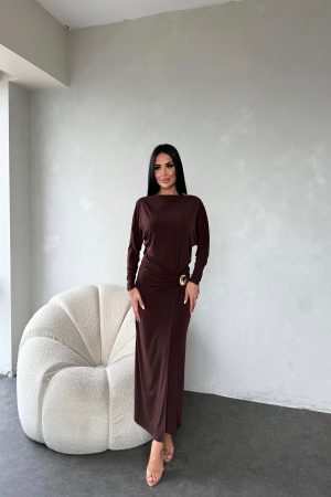 YAKA DETAYLI ETEĞİ YANDAN TOKALI SANDY ELBİSE