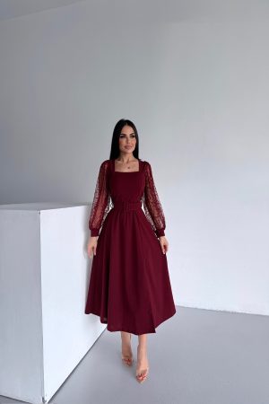 KARE YAKA KOL TÜL DETAYLI TASARIM ELBİSE