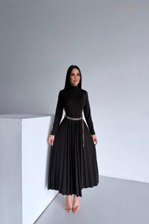 BALIKÇI YAKA ĞİLİSELİ KEMERLİ ELBİSE