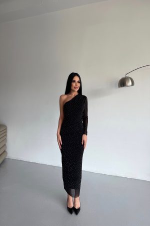 TEK OMUZ TAŞ İŞLEMELİ TÜL ELBİSE