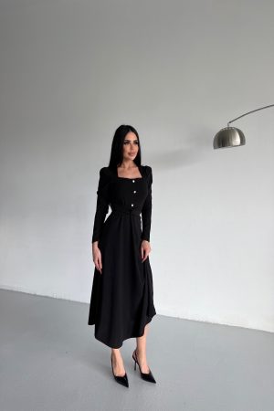 KARE YAKA  DÜĞME DETAYLI ELBİSE