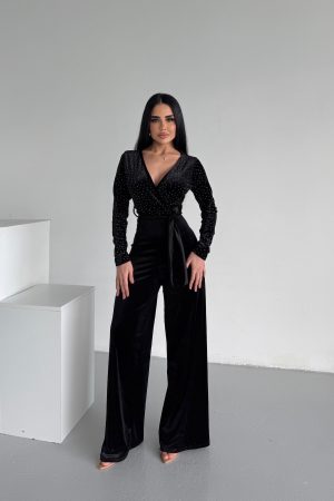 KRUVAZE YAKA İNCİLİ KADİFE TULUM