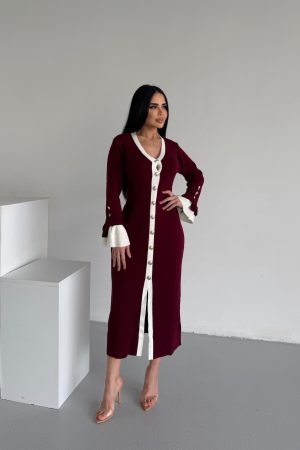 V YAKA DÜĞME DETAYLI TRİKO ELBİSE