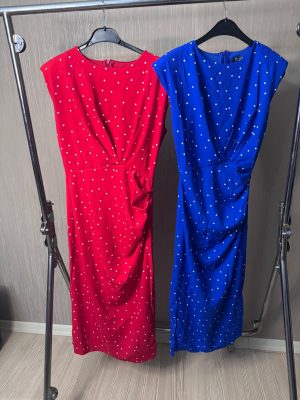 BEL DRAPELİ PUANTİYE DESENLİ ELBİSE