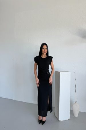 BİSİKLET YAKA DÜĞME DETAYLI DRAPELİ MİDİBOY ELBİSE