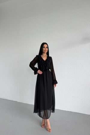 V YAKA GÜPÜR DETAYLI ŞİFON ELBİSE