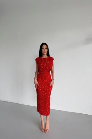 BİSİKLET YAKA DRAPELİ PUANTİYELİ ELBİSE