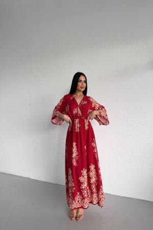 KRUVAZE YAKA BELDEN LASTİKLİ VİSKON ELBİSE