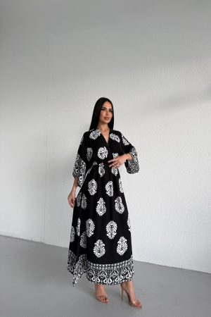 KRUVAZE YAKA BELDEN LASTİKLİ VİSKON ELBİSE