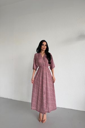 KRUVAZE YAKA BELDEN LASTİKLİ ELBİSE