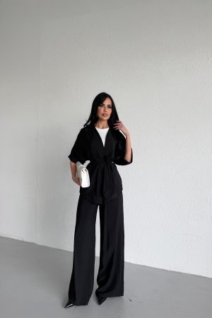 KRUVAZE YAKA KUŞAKLI KİMONO TAKIM