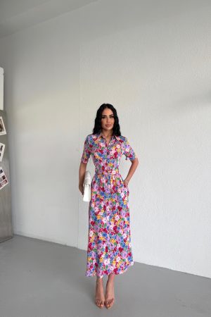 ÇİÇEK DESENLİ VİSKON GÖMLEK ELBİSE