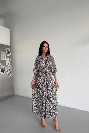 KRUVAZE YAKA BELDEN LASTİKLİ ELBİSE